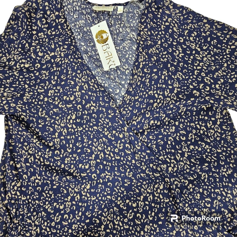 BAKU Navy Animal Print Crossover Blouse NWT Size L - Picture 3 of 11